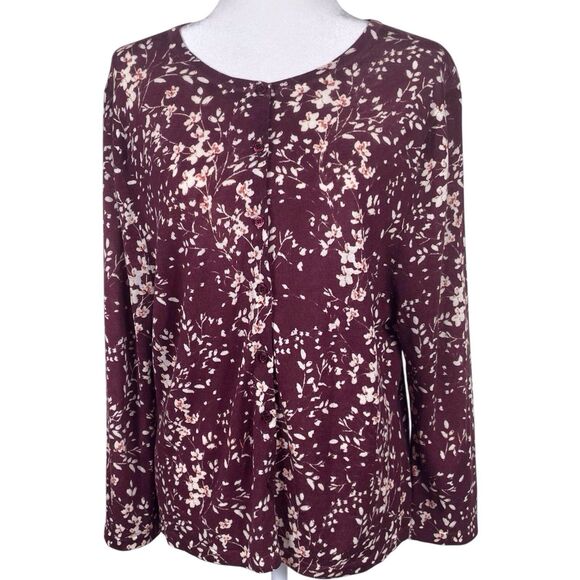 GARNET HILL Signature Eco Merino Wool Cardigan Sweater Size XL Floral Red White - Picture 4 of 16